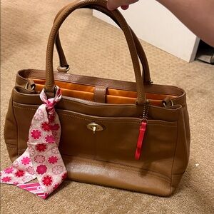 Coach Tan Leather Satchel with Pink Floral Scarf